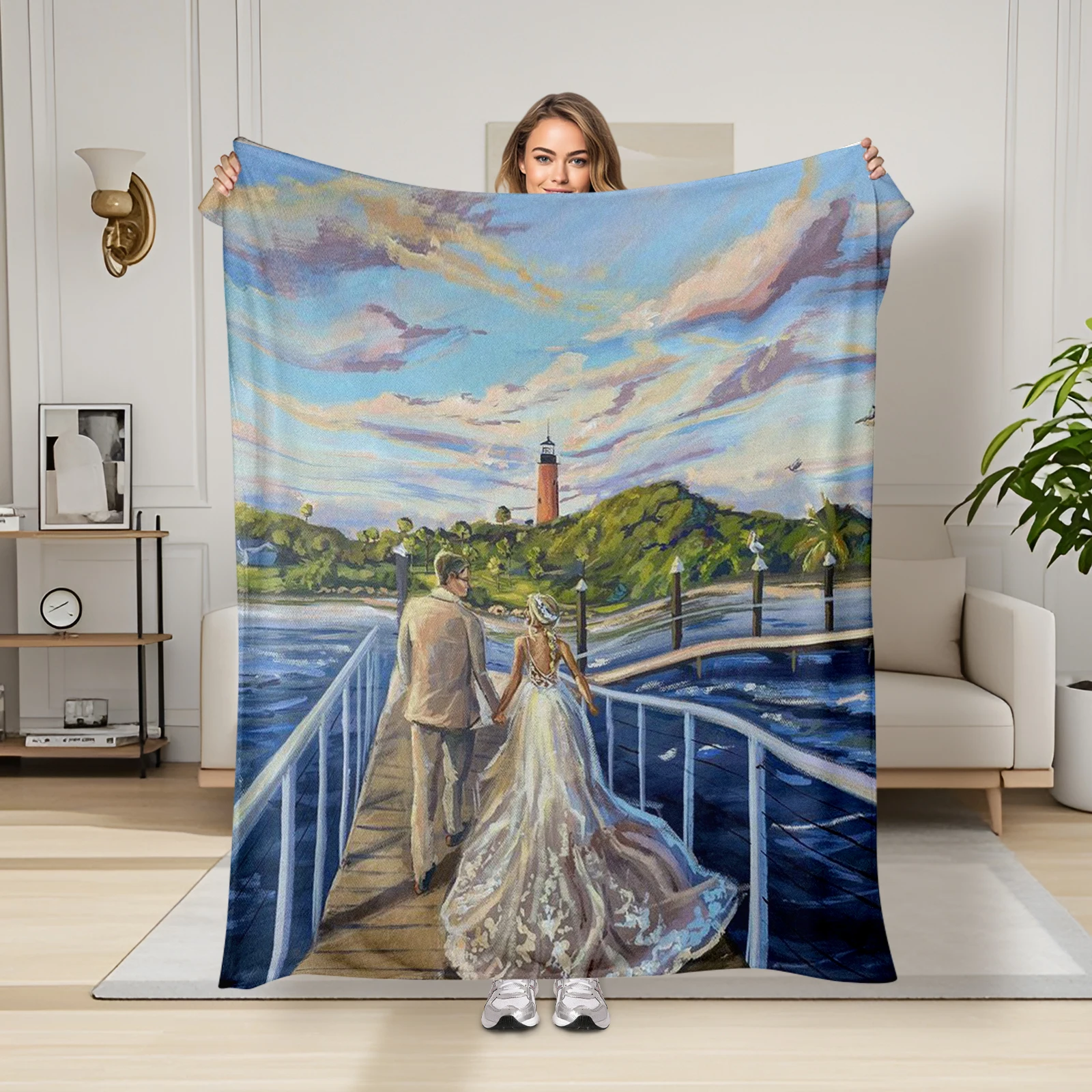 Exquisite Blanket Depicting Newlywed Couple Strolling Near Wooden Pier Lighthouse, A Thoughtful Wedding Gift.