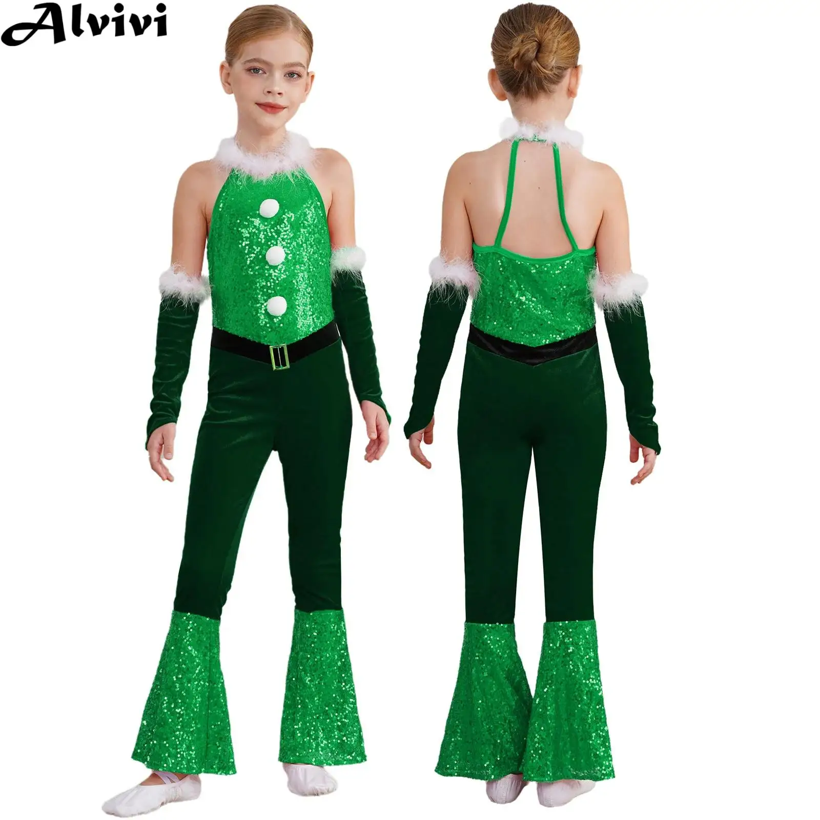 Mono de baile de Navidad para niñas adolescentes, mono acampanado de lentejuelas de terciopelo sin mangas con manga de brazo, traje de Cosplay para fiesta de año nuevo