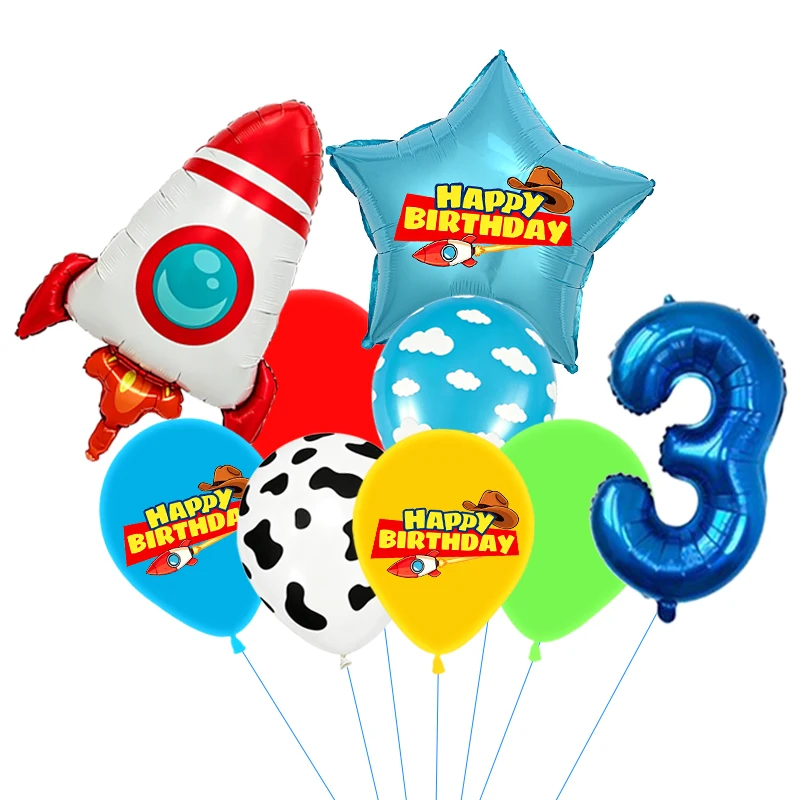 Rote, gelbe und grüne Spielzeugballons, hellblaue Ballons mit Wolken- und Kuhmuster für die Dekorationen zu Babystory- und Cowboy-Partys – Detail 4
