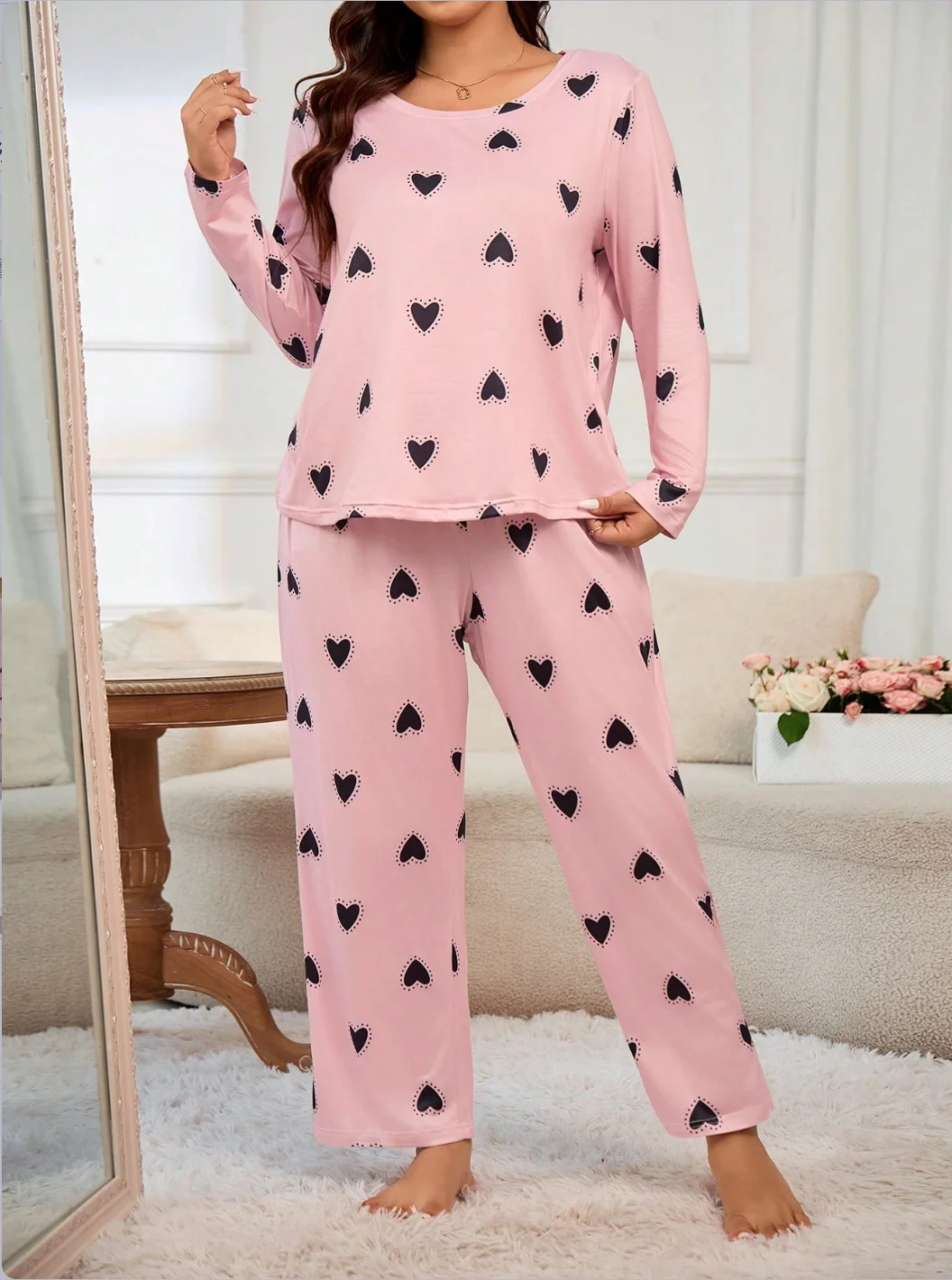 Plus-size ladies casual style Black love print pink long sleeve trousers pajamas set, suitable for home