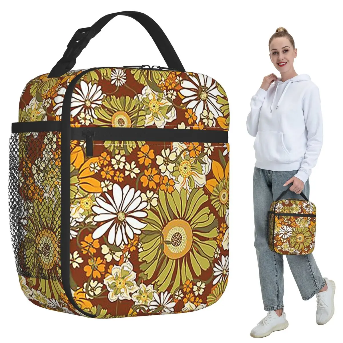 70s Retro Vintage Flower Power Pattern Boho Insulated Lunch Bag for Women Office Cooler Thermal Food Box Tote Lunch Boxes