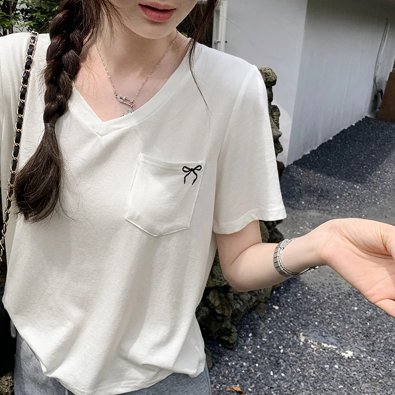 

GAODINGLAN Pocket Design Short Sleeve Women T-shirts Summer Bow Embroidery Large Size Loose Tops Female V Neck Tees Temperament