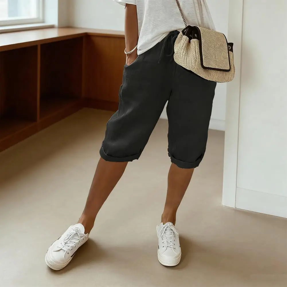 Elastic Waistband Shorts Women Women Cotton Linen Shorts Linen Bermuda Shorts for Women Knee Length Summer with Elastic