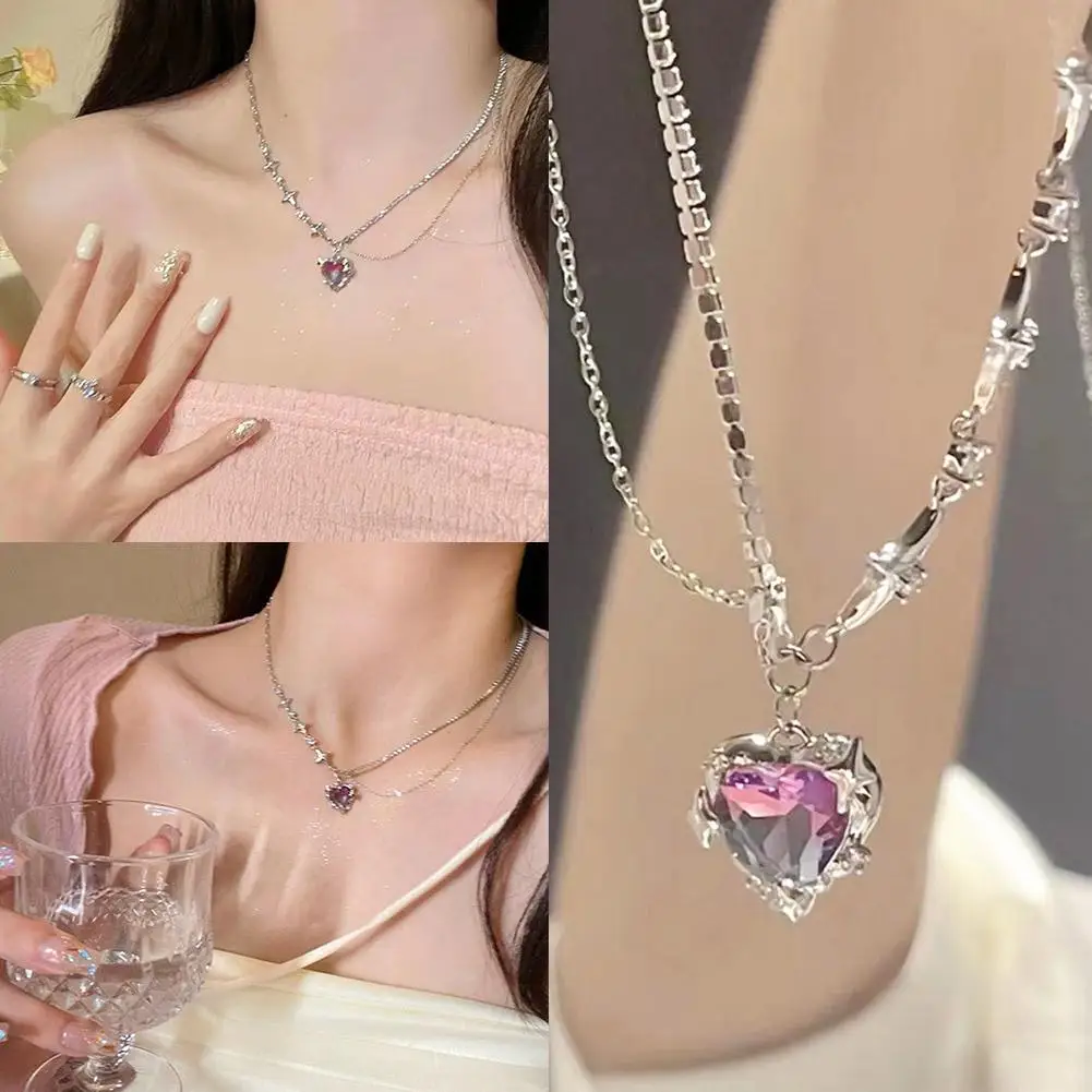 Y2K Fashion Peach Heart Water Drop Pendant Necklace Egirl Sweet Chain Aesthetic Punk Women Jewelry Black Cool Crystal Clavi O9L0