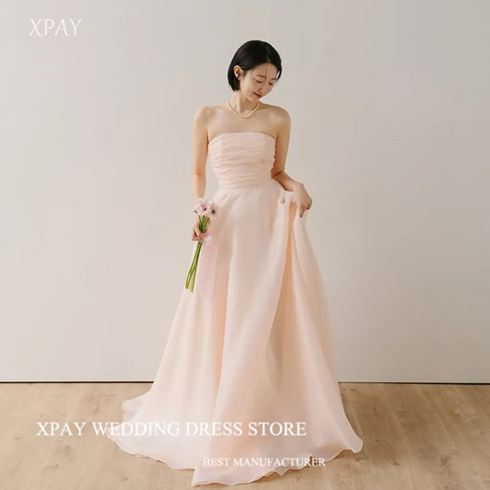 

XPAY Elegant Strapless Shawl Chiffon Long Prom Dresses Korea Customised Wedding Photoshoot Floor-Length Corset Evening Gown