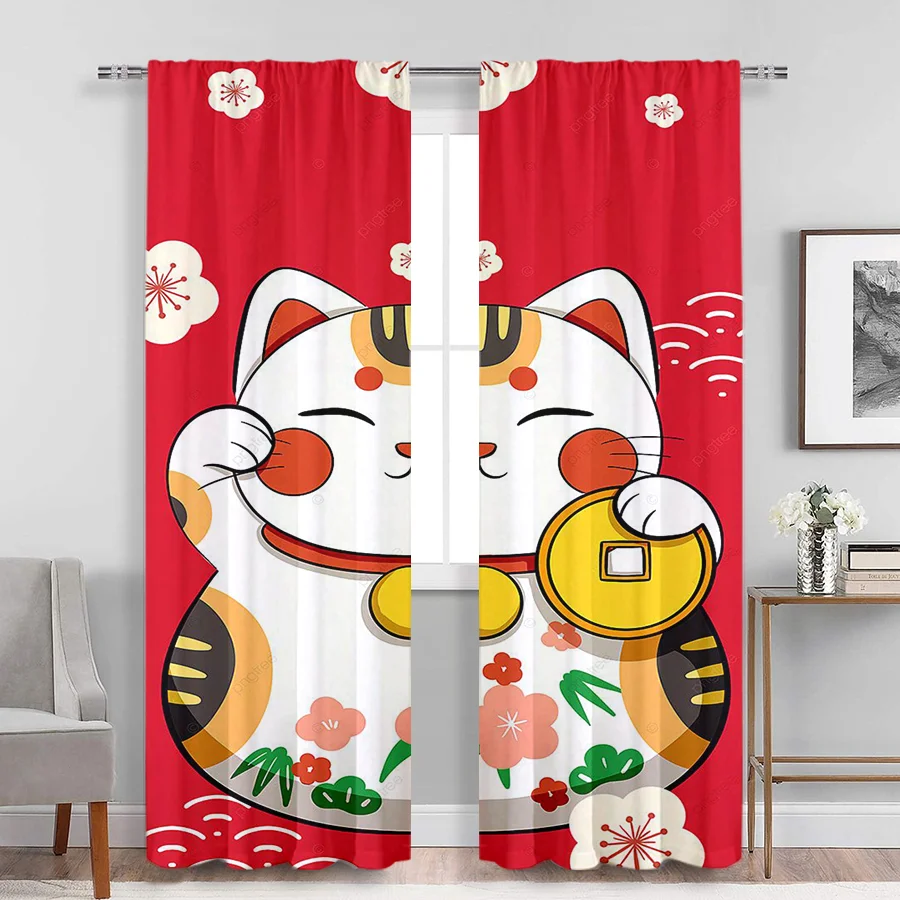 2PCS Digital Print Curtains, Japanese Maneki Neko Lucky Cat Sakura Gold Coins, Asian Style for Living Room Bedroom Decor
