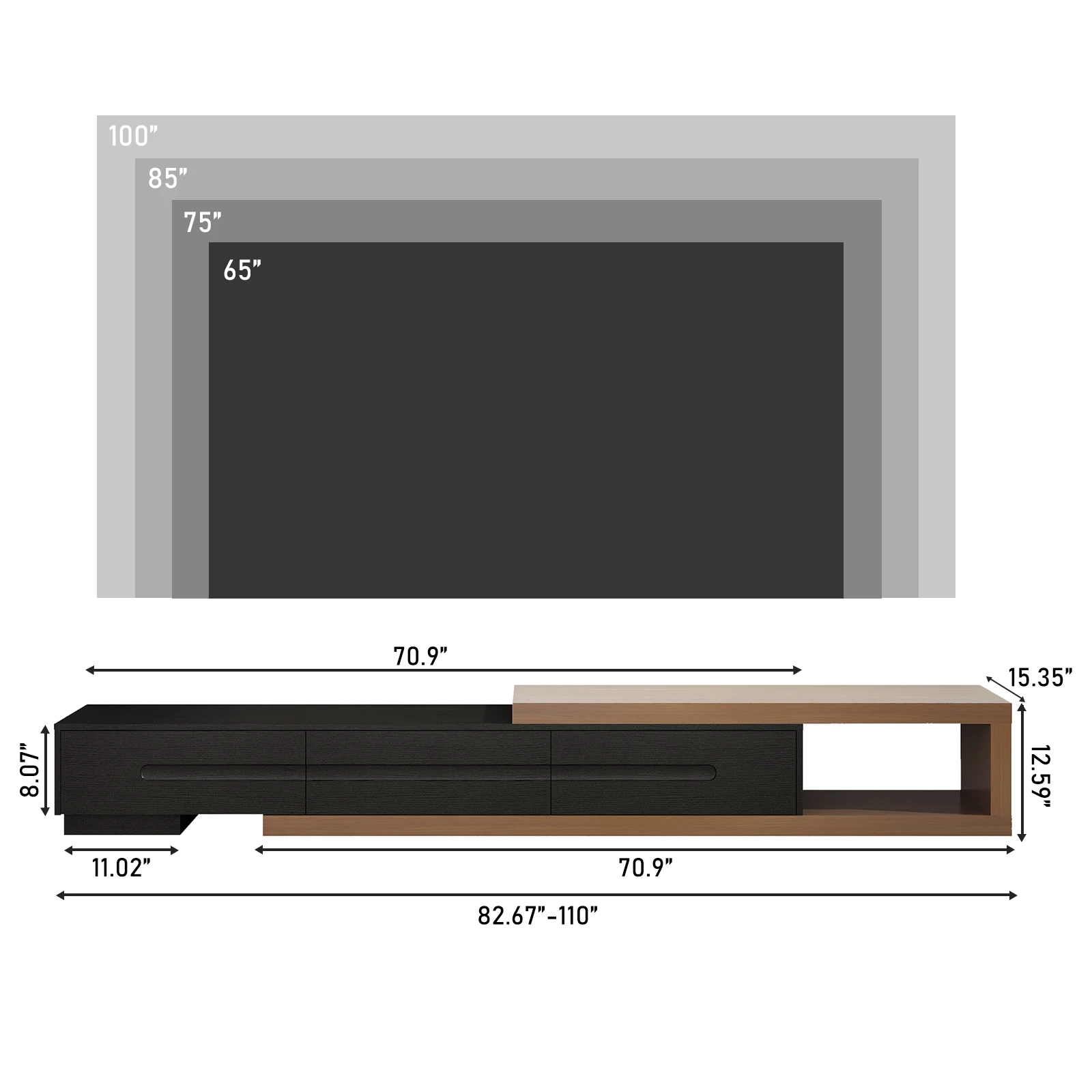 82-110'' Extendable TV Stand for Up to 120"TV, Wood Reversible TV Media Console w/3 Drawers & Open Storage Shelf for Living Room