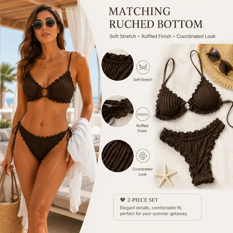 Women Ruched Bikini Set Ruffle Trim Ring Detail Adjustable Strap Two Piece Swimsuit Beach Swimwear