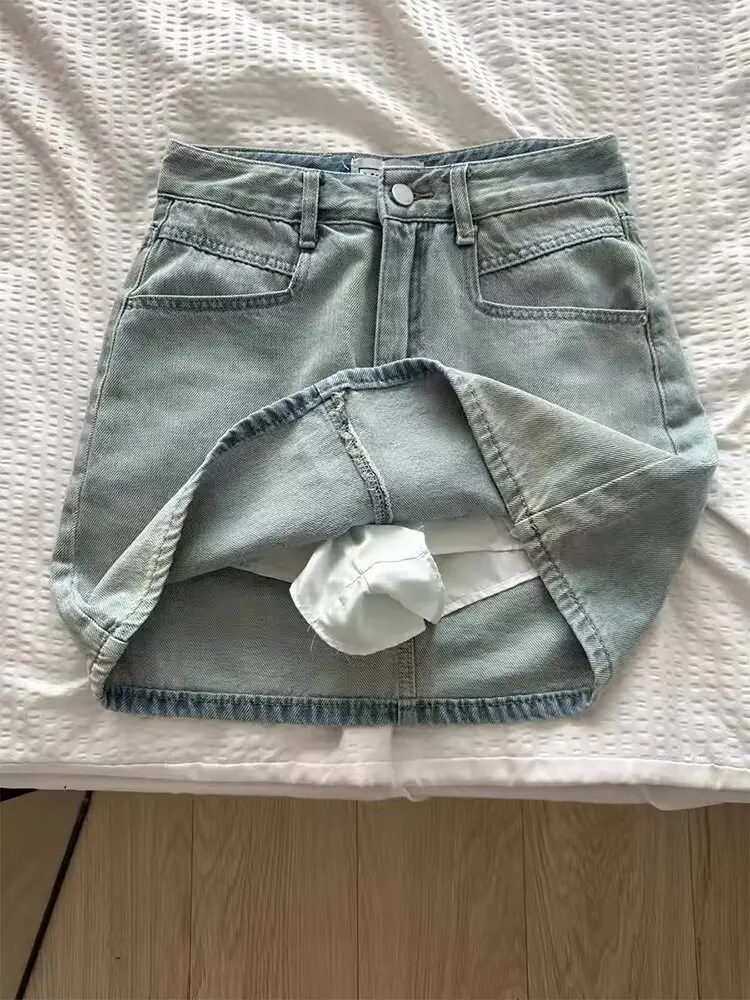 Damska spódnica jeansowa w stylu amerykańskim Vintage Summer 2025 New Plus Size Slimming A- Line Mini Dress Hiding Belly Minimalist Design