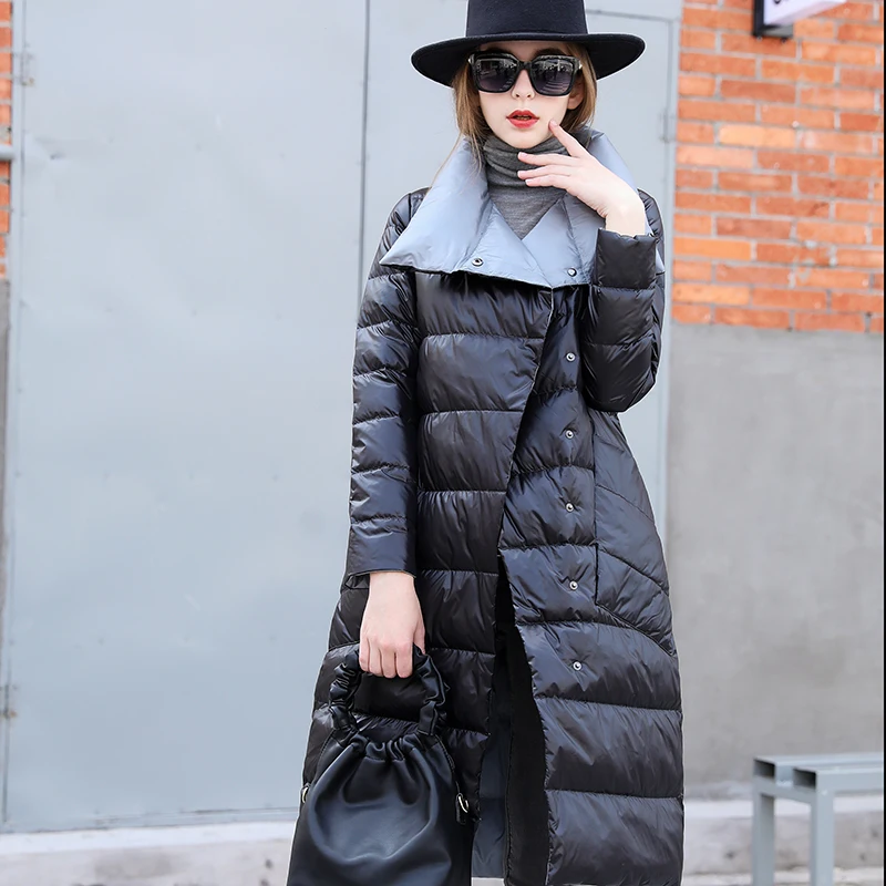 Fitaylor-Chaqueta larga de doble cara para mujer, abrigo de plumón de pato blanco con solapa, cuello alto, doble botonadura, Parka cálida para la