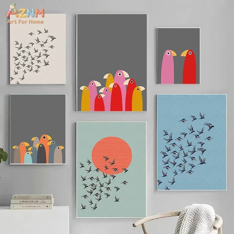 AZNM Minimalist Colorful Bird Canvas Wall Art Abstract Flock Birds Sun Print Poster Kids Bedroom Nursery Decor Unframed Canvas P