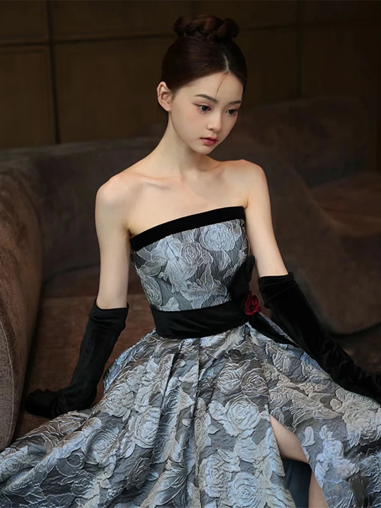 

Tube Top French Banquet Evening Dress Hepburn Style Host High-Grade Temperament Student Art Exam Performance Costume