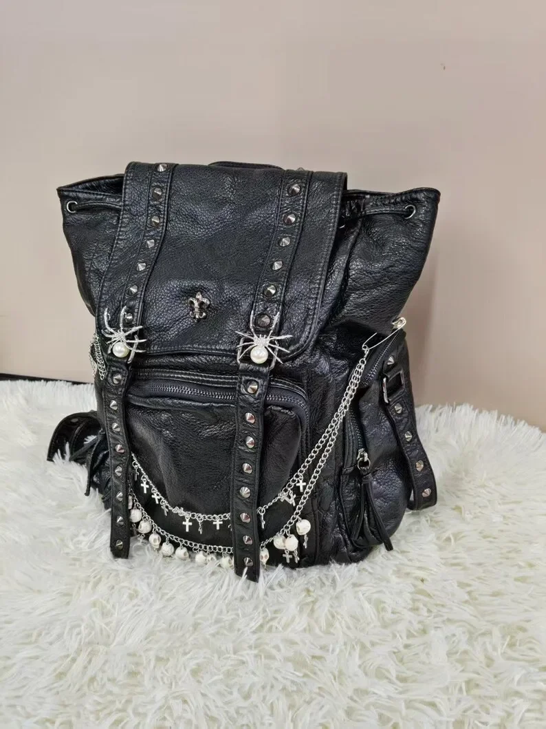 Y2K Gothic Spider Skull Cross Charm Chain School Bag Laptop Bag Punk Studded Black Leather Backpack