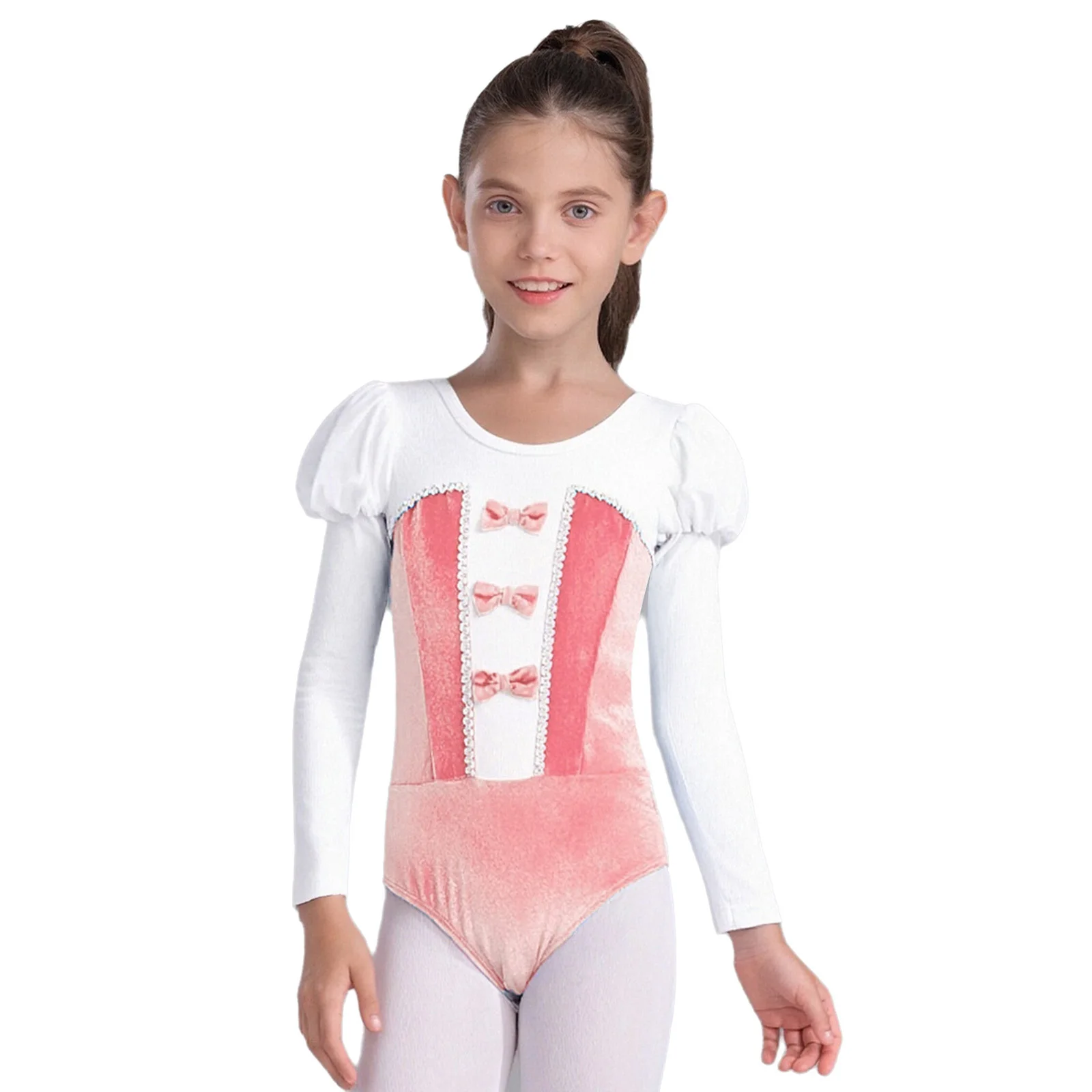 

Kids Girls Velvet Patchwork Ballet Dance Leotard Bowknot Round Neck Puff Long Sleeves Color Block Bodysuit Ballet Dancewear