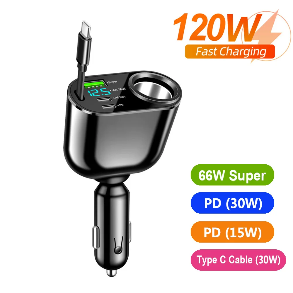 3 Ports PD+QC3.0 Car Phone Charger 12V/24V Super 66W Quick Charger 90W Car Cigarette Lighter Power Adapter Digital Voltmeter