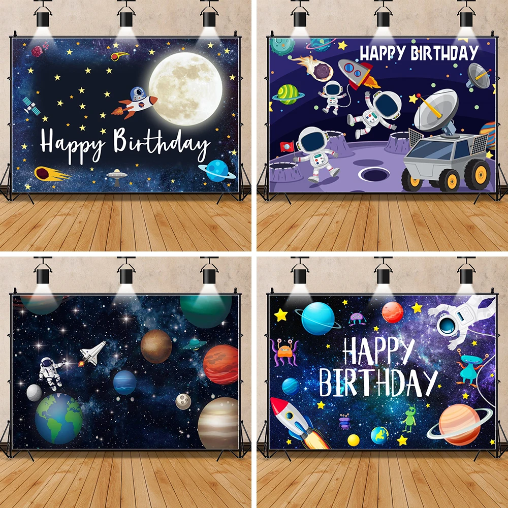 

Laeacco Cartoon Astronaut Photo Backdrops Planet Blue Starry Roket Space Station Child Birthday Party Photographic Backgrounds