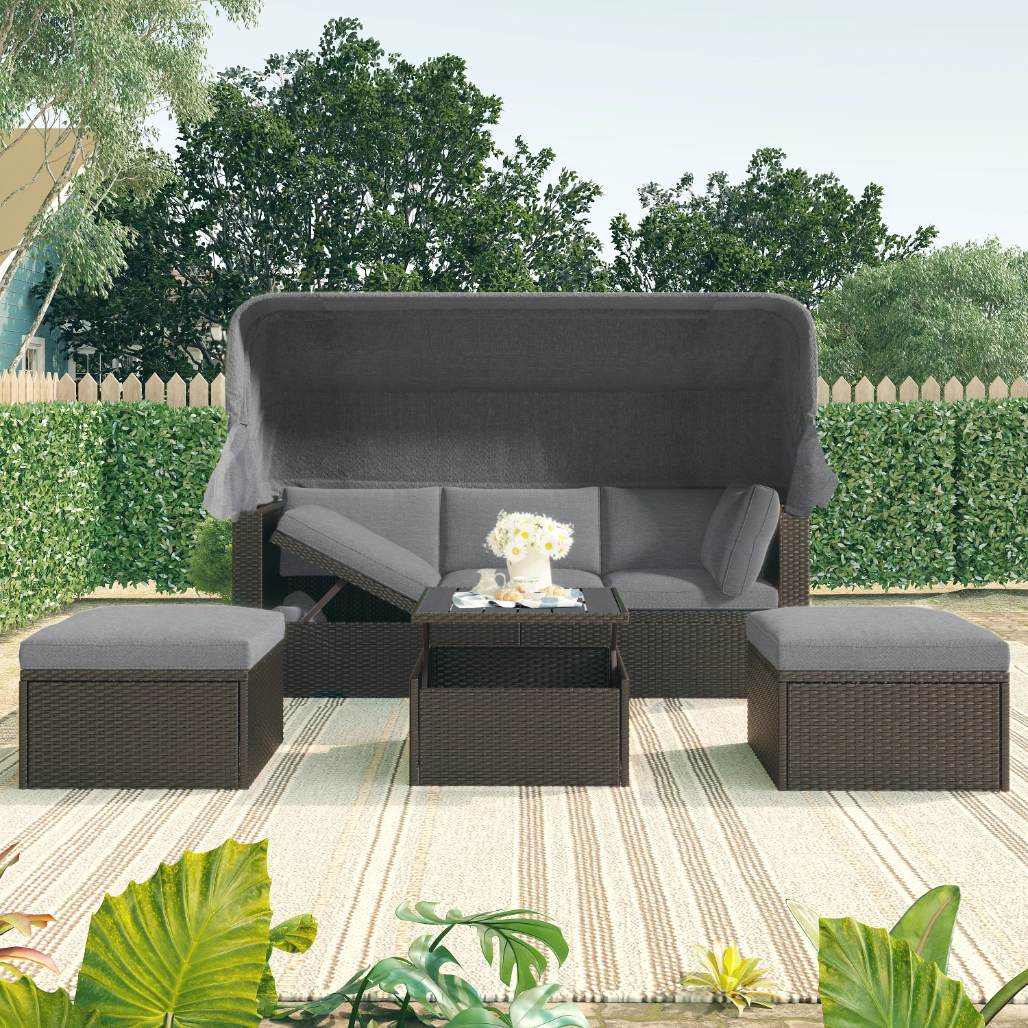 

U_Style Outdoor Patio Rectangle Daybed with Retractable Canopy, Wicker Furniture Sectional Seating with Washable Cushions, Backy