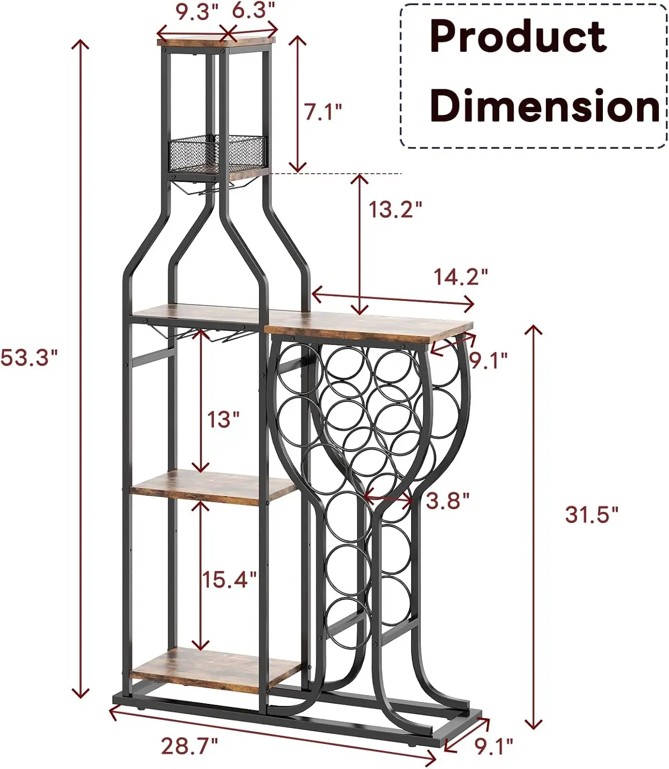 Liquor Cabinet for Home Bar, 5-Tier Wine Rack Freestanding Floor with Wine Glass Holder, Mini Bar Stand with 11 Wine Bottles, Ba