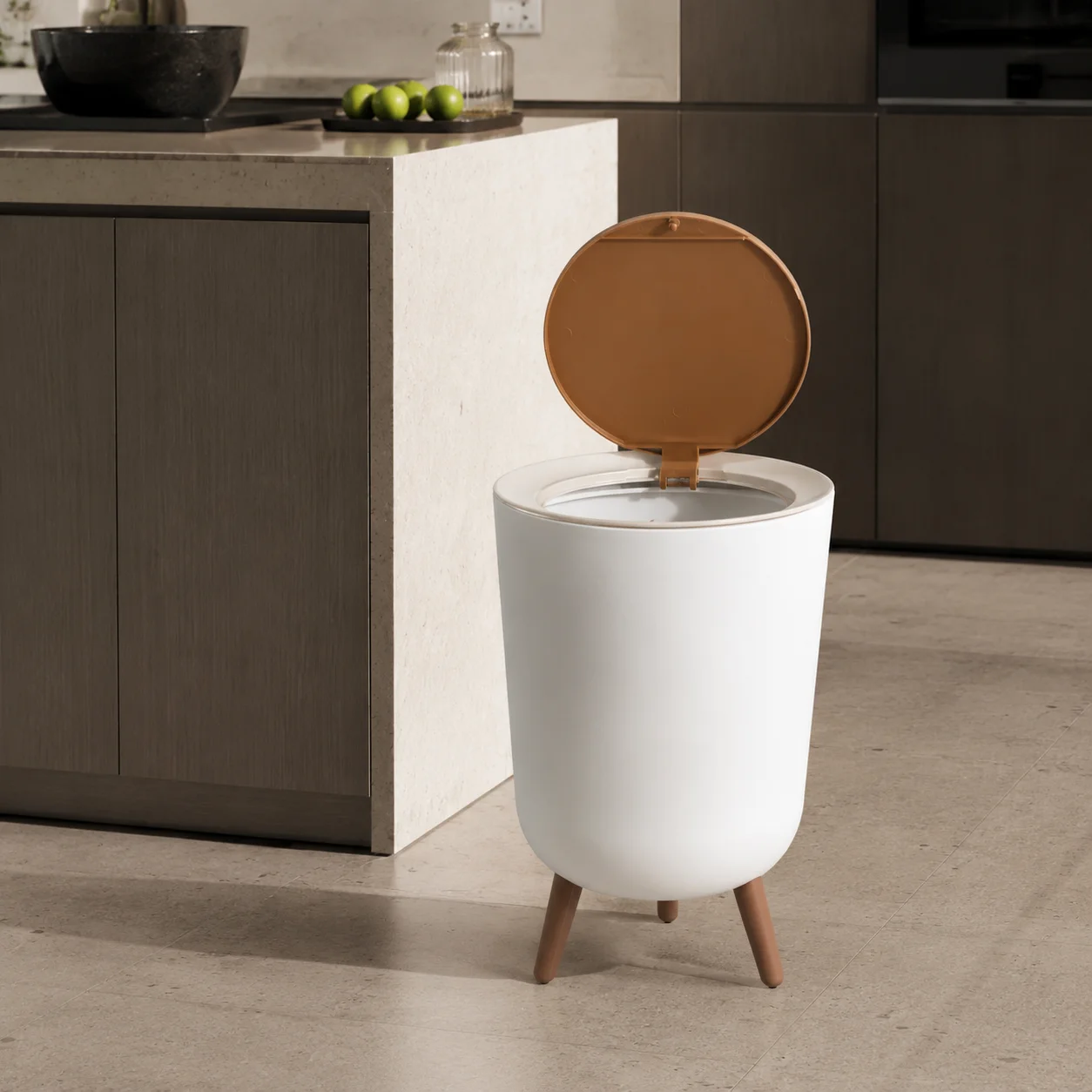 Nordic‑Style Press‑Top Trash Can, White Round Plastic Waste Bucket With Wood‑Grain Lid & Elevated Legs, Decorative Household Garbage Bin For Cozy Bedroom & Living‑Room