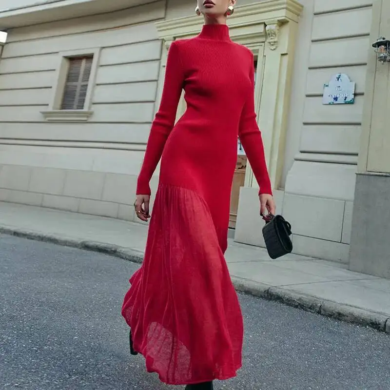 الخريف عادية كم حفلة الشتاء المرأة أنيقة شبكة الربط ماكسي موضة نصف عالية طوق محبوك فستان طويل #3