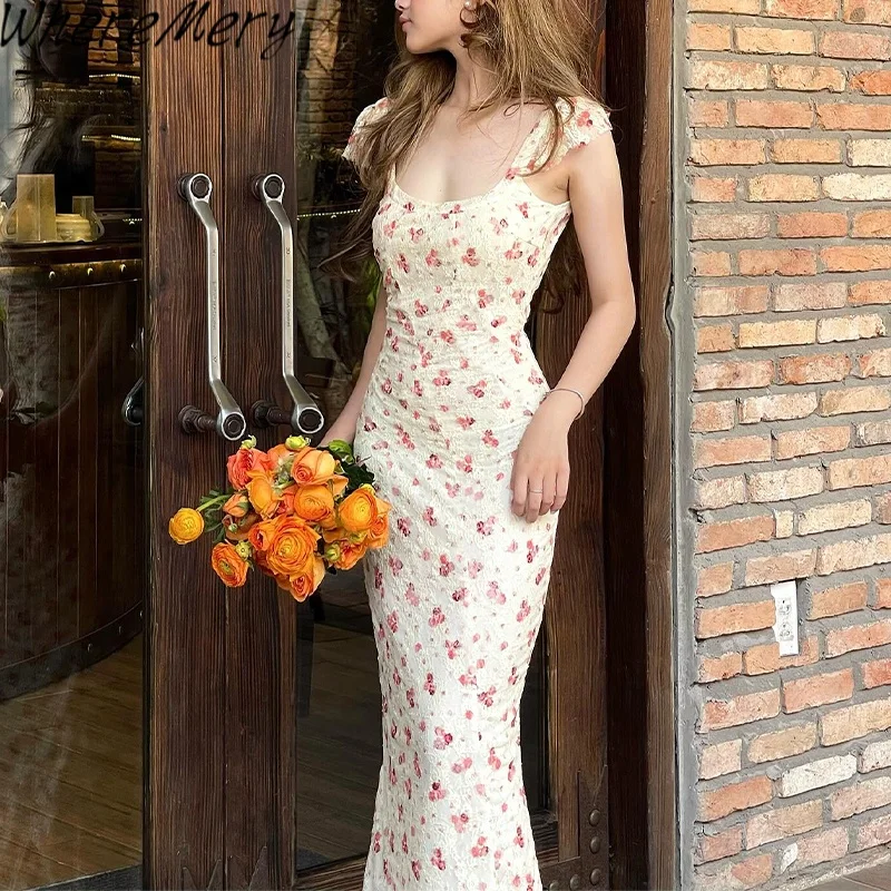 

WhereMery Sexy Square-neck Long Maxi Dress Y2K Elegant Vintage Floral Printed Party Dresses Spring Summer Holiday Style Vestidos