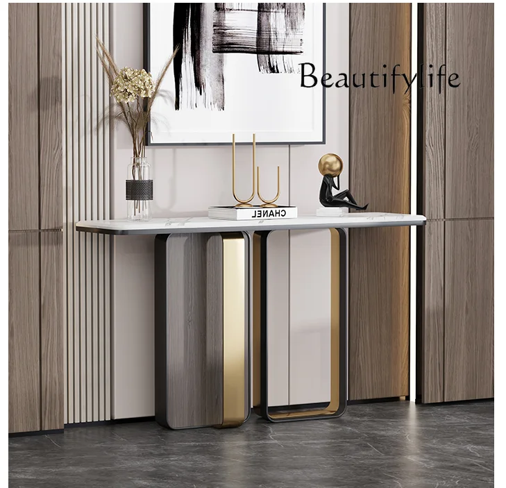 Italian Affordable Luxury Style Stone Plate Console Post-Modern Minimalist Door Wall Stainless Steel Console Table