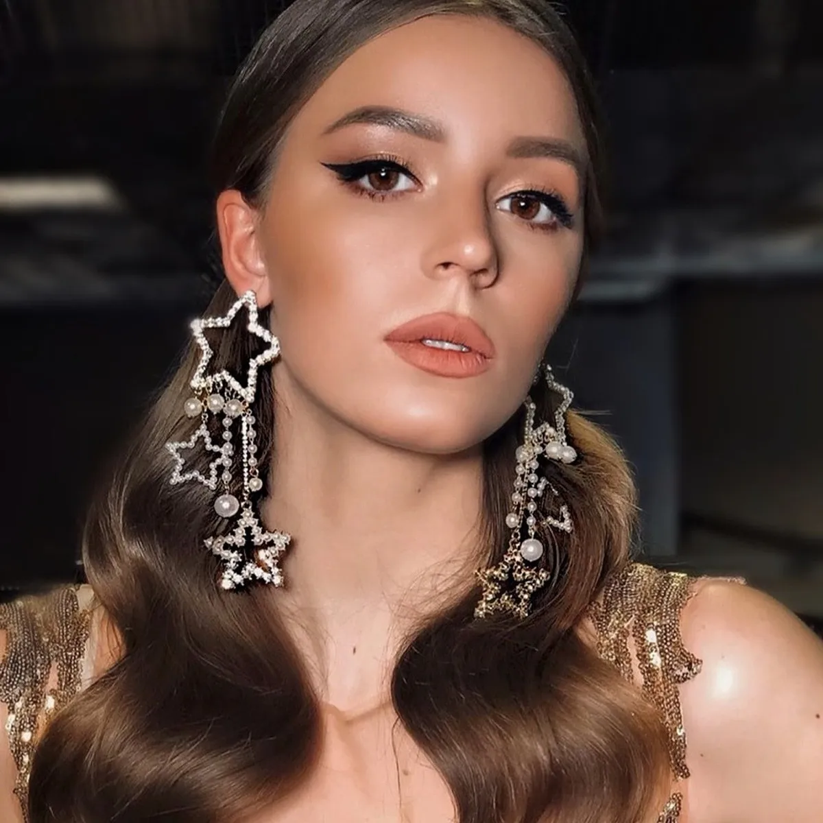 Cross-border hollow star earrings exaggerated wind water diamond fringed earrings party music festival accessories earrings