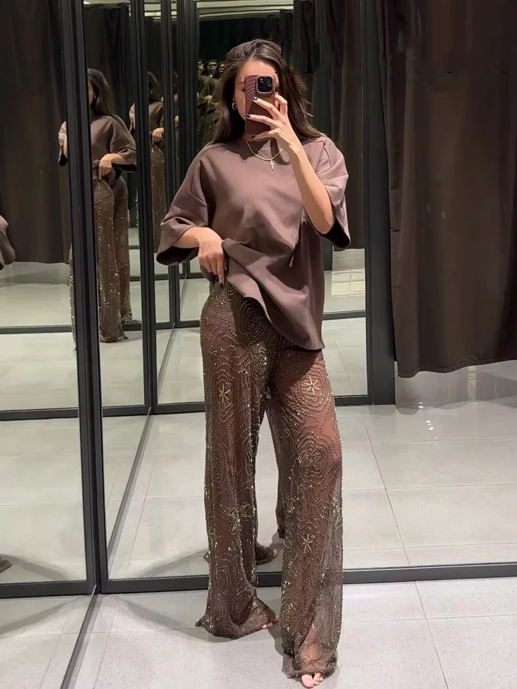 HH Woman Summer Beaded Decoration Elastic Waist Wide Leg Pant Women Chic Translucent Tulle Mid-Waist Loose Casual Long Pant