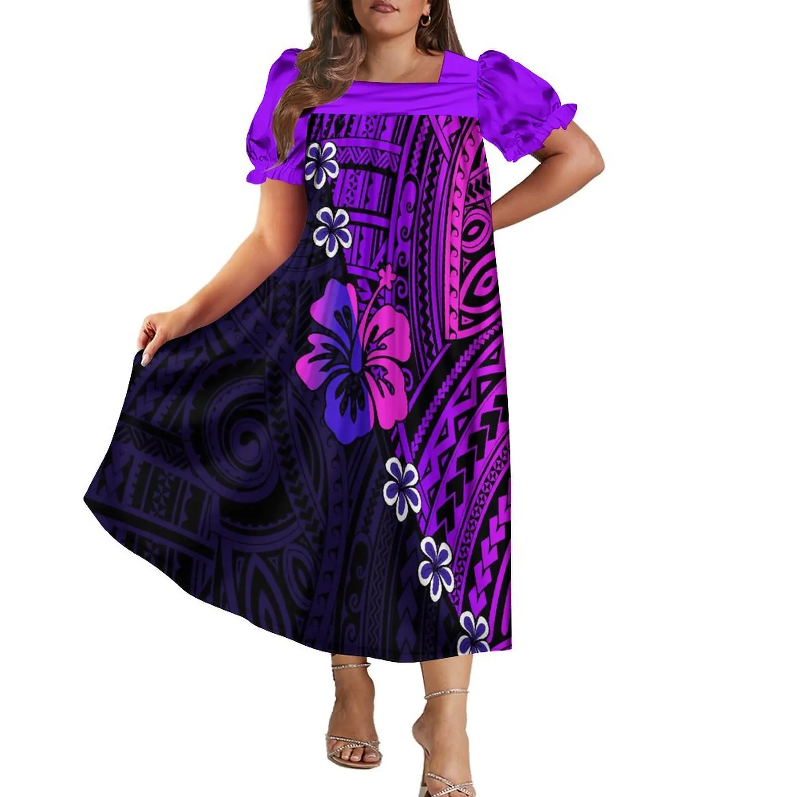 2024 Summer Polynesian Mumu Women'S Fashion Dress Support Custom Pattern Logo Hawaiian Party Puffy Sleeve Long Dress