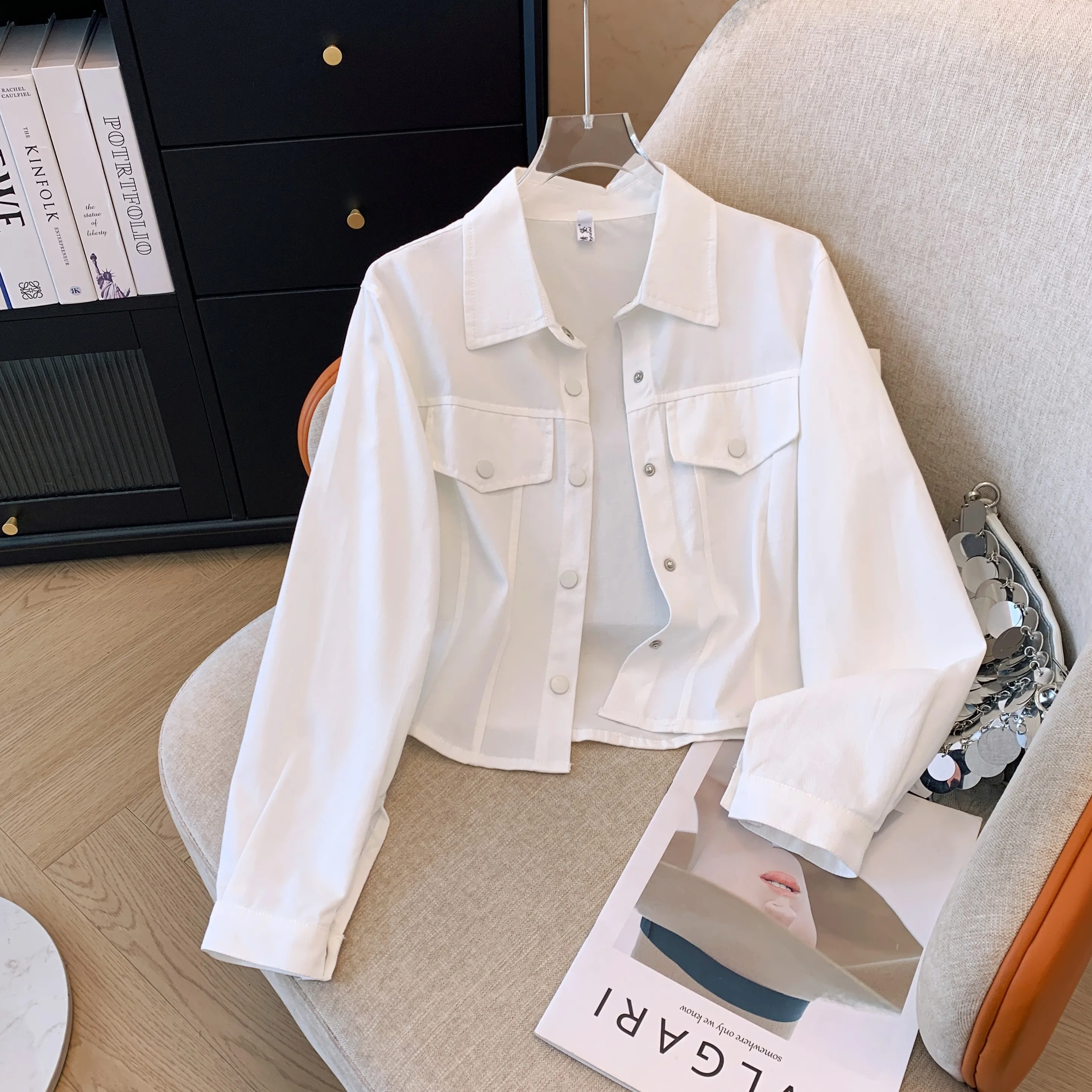Olive Green Long Sleeve  Collar Workwear Style Shirt Single Button Short Outer for Small Figures Autumn New Arrival