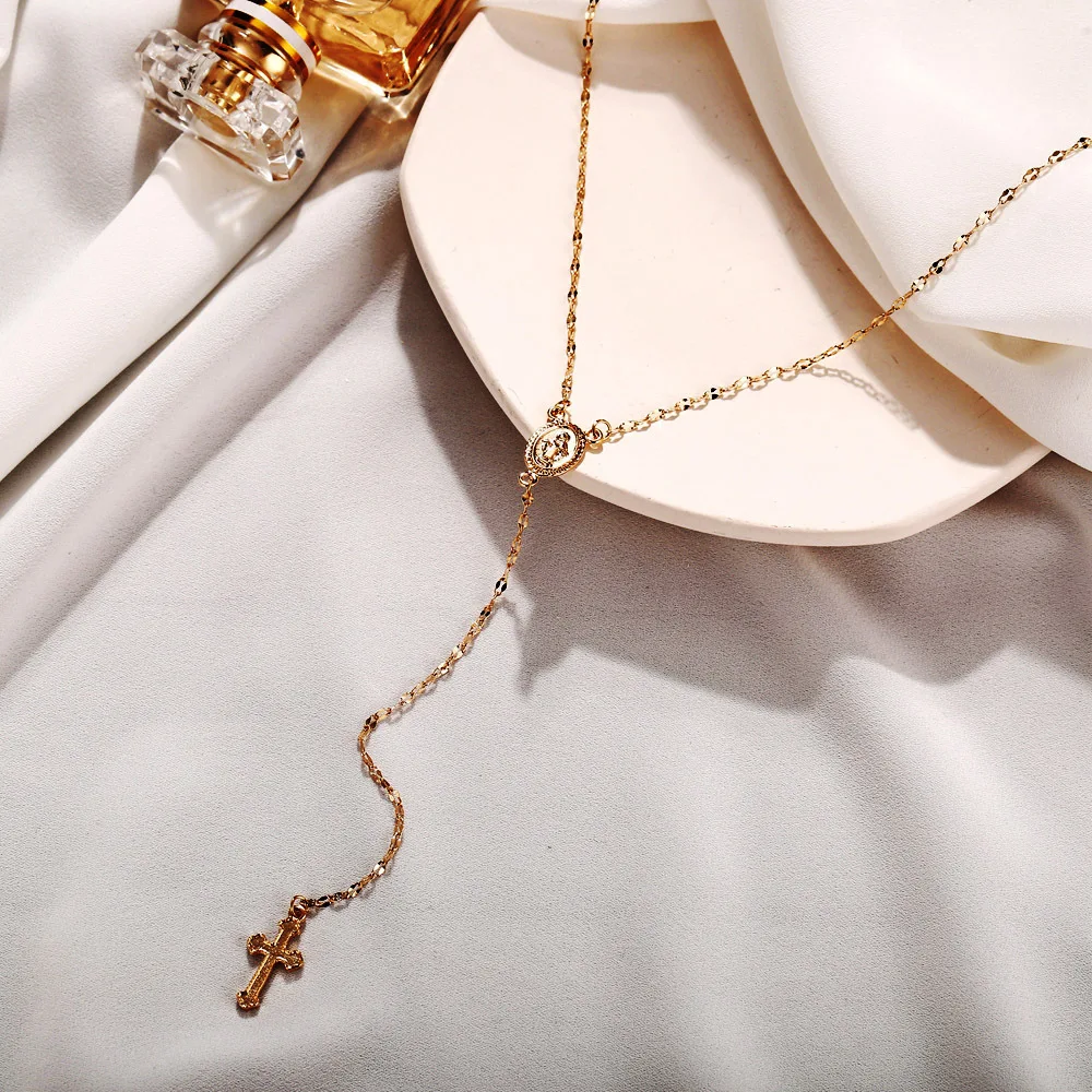 2024 New Fashion Vintage Christian Cross Bohemia Religious Rosary Pendant Necklace For Women Charm Jewelry Gifts image 4