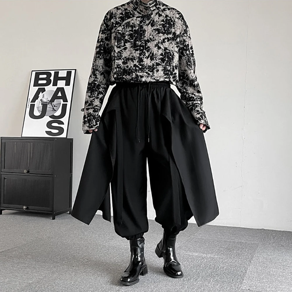 Mens Y2k Culottes Layered Stitching Ribbon Samurai Pants Hakama Genderless Fashion Streetwear Casual Leggings Pants Unisex 2024