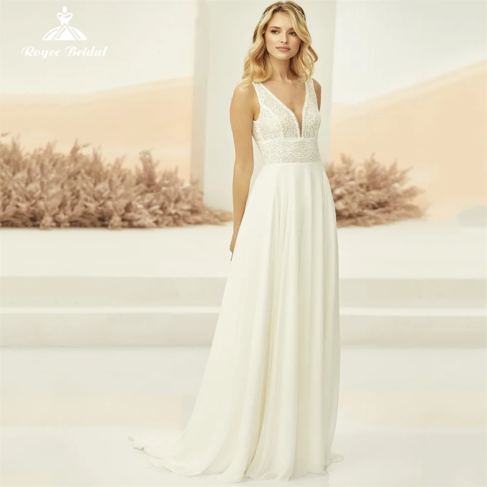 Roycebridal-vestido de Novia de encaje de gasa con cuello en V, traje bohemio moderno sin mangas, largo hasta el suelo