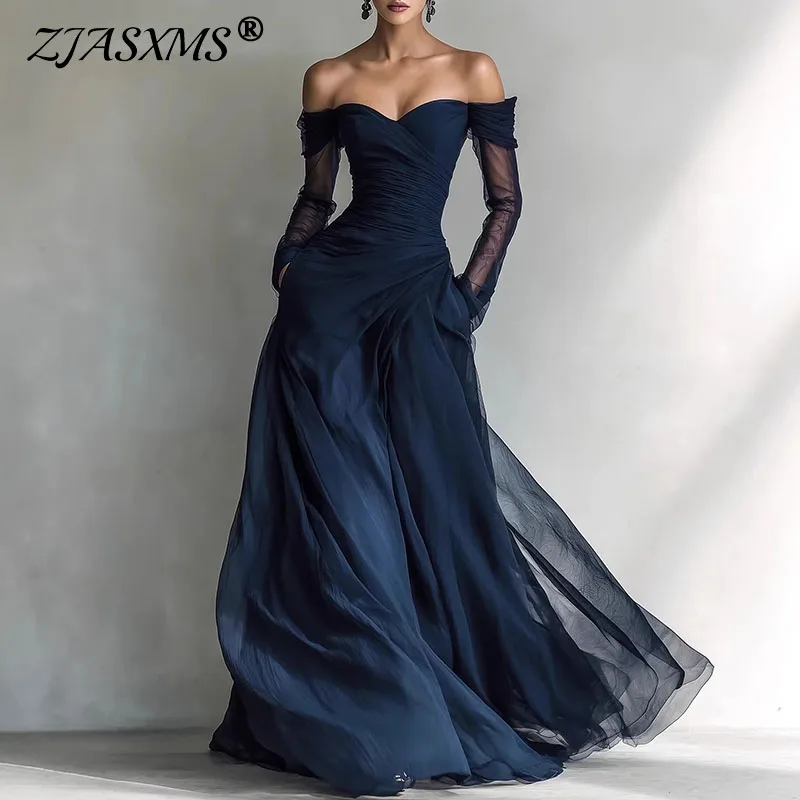 Women's Dresses 2026 Spring Sexy Hollow Strapless Mesh Elegant Party Dresses Casual Off Shoulder Long Sleeve Boho Dress Vestidos