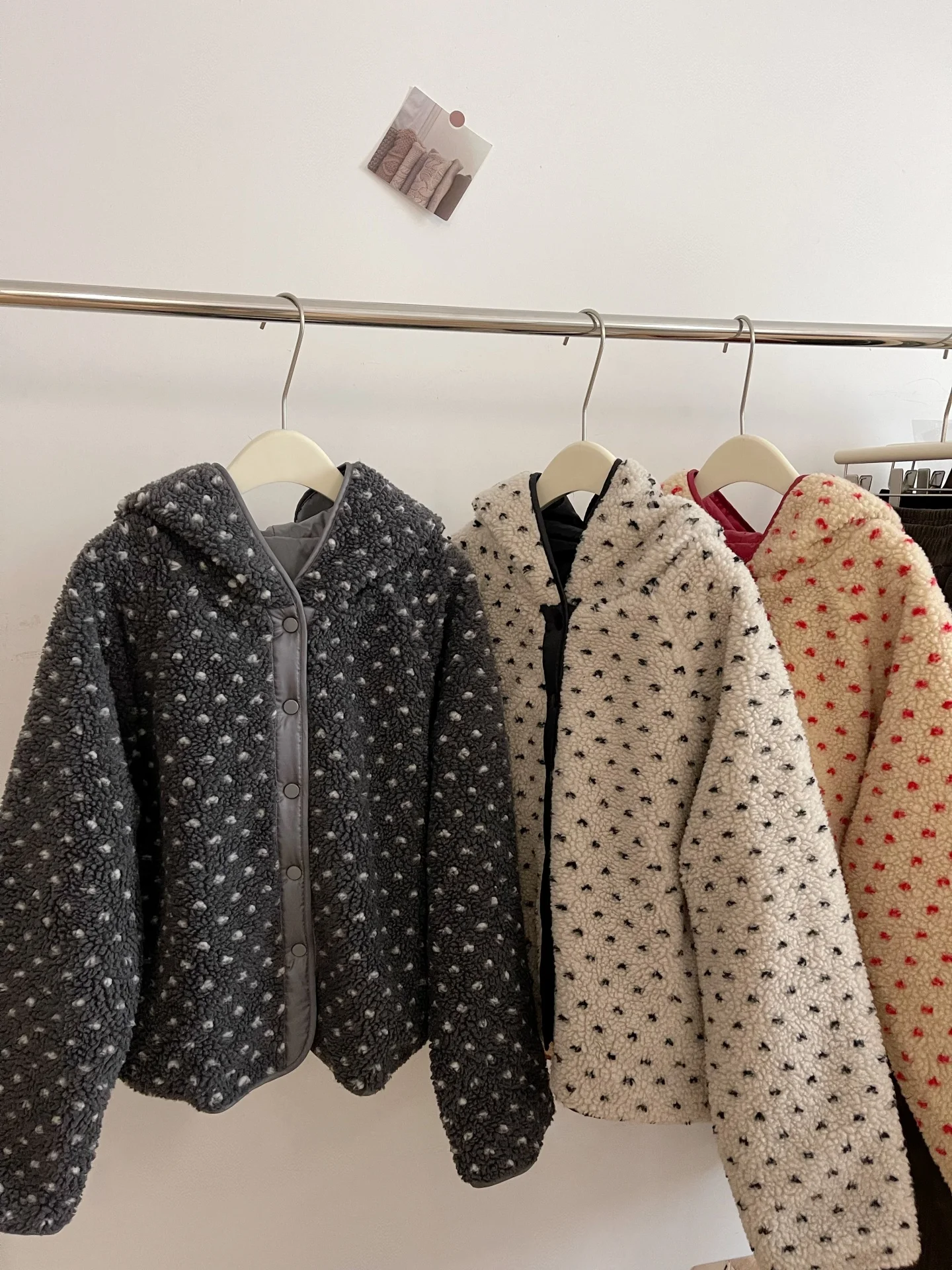 

Korean Style Thickened Lamb Velvet Coat with Hood Heart And Polka Dot Pattern Warm Outerwear for Women Casual Flip Collar