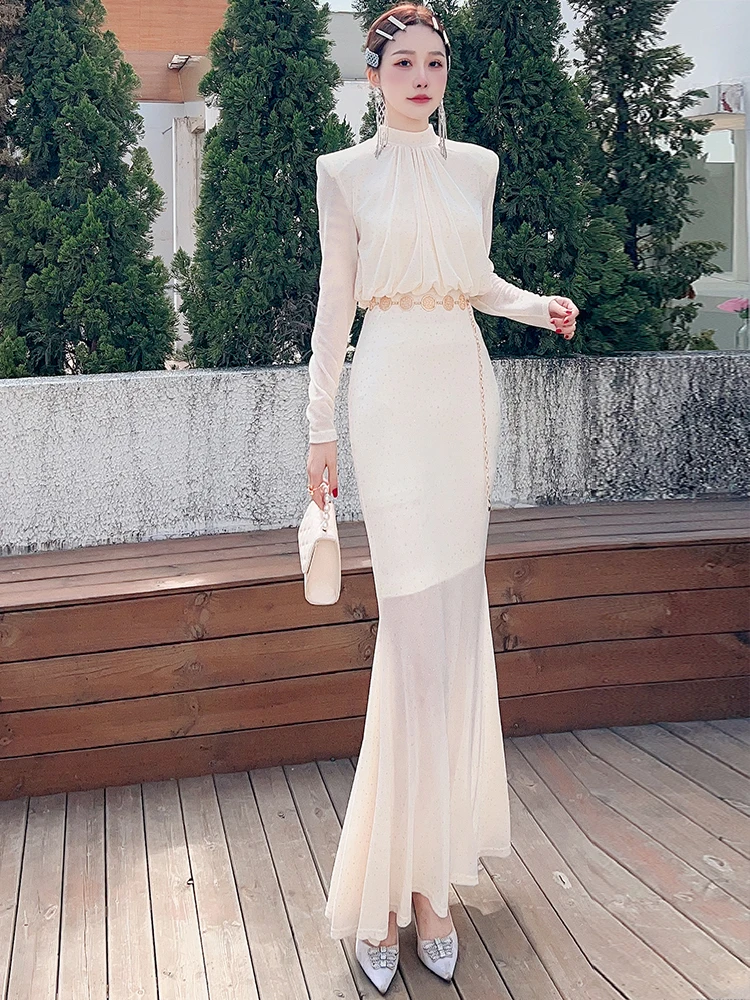 

Elegant Slimming Long Sleeve Mesh Wrap Bodycon Dress Fish Tail Skirt Style Casual Spring New Arrival Women's Premium Quality ...