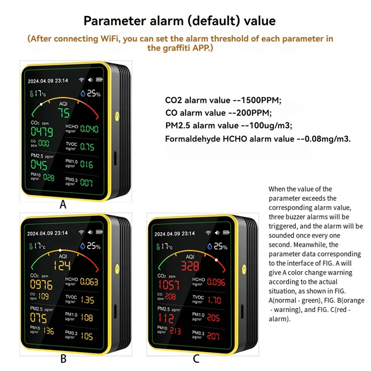Abko-tuya detektor kualitas udara WiFi, alat pengukur uji temperatur dan kelembapan WiFi 15 in 1 tampilan TFT multifungsi warna hitam