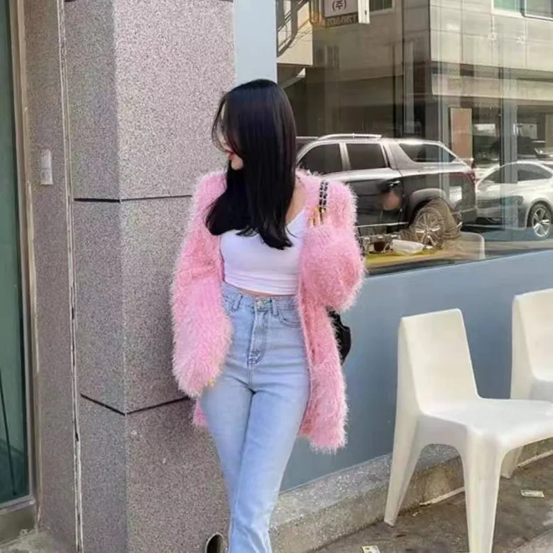 لون نقي V-Ne المتضخم رقيق سترة مشغولة من الصوف معطف المرأة ربيع الخريف الشتاء Faion ملابس خارجية مريحة غير رسمية #3