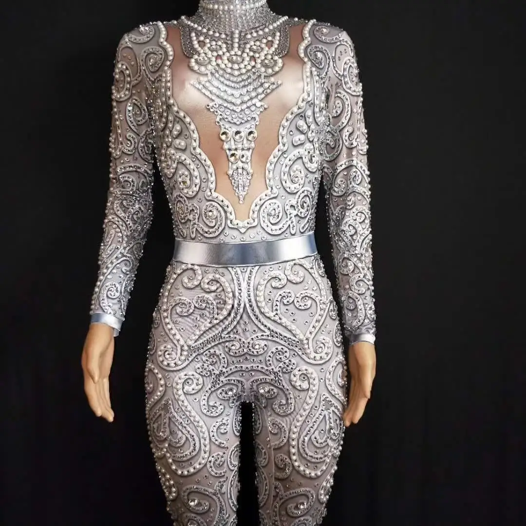 Sexy Skinny Silver Gray Rhinestones Bodysuit DJ Bar Singer Catwalk Party Stage Costume Gold Yellow Crystals Pearl Jumpsuit