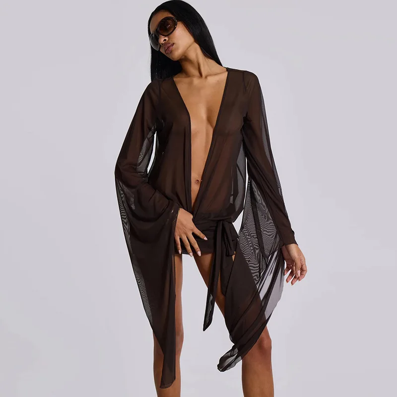 فستان نسائي مثير عميق على شكل حرف V شفاف بدون ظهر وربطة عنق مجوفة وأكمام طويلة معانقة على الورك فساتين حفلات النادي #5