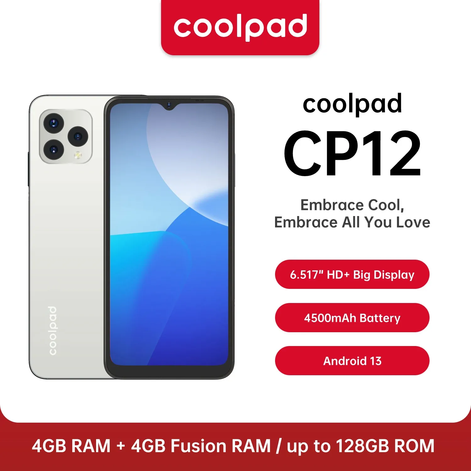 

Coolpad-COOL CP12 Android 13 6.517 "HD +, 4GB, 128GB, 13 MP Triple Camera, 4500mAh Battery, Dual SIM, 4G