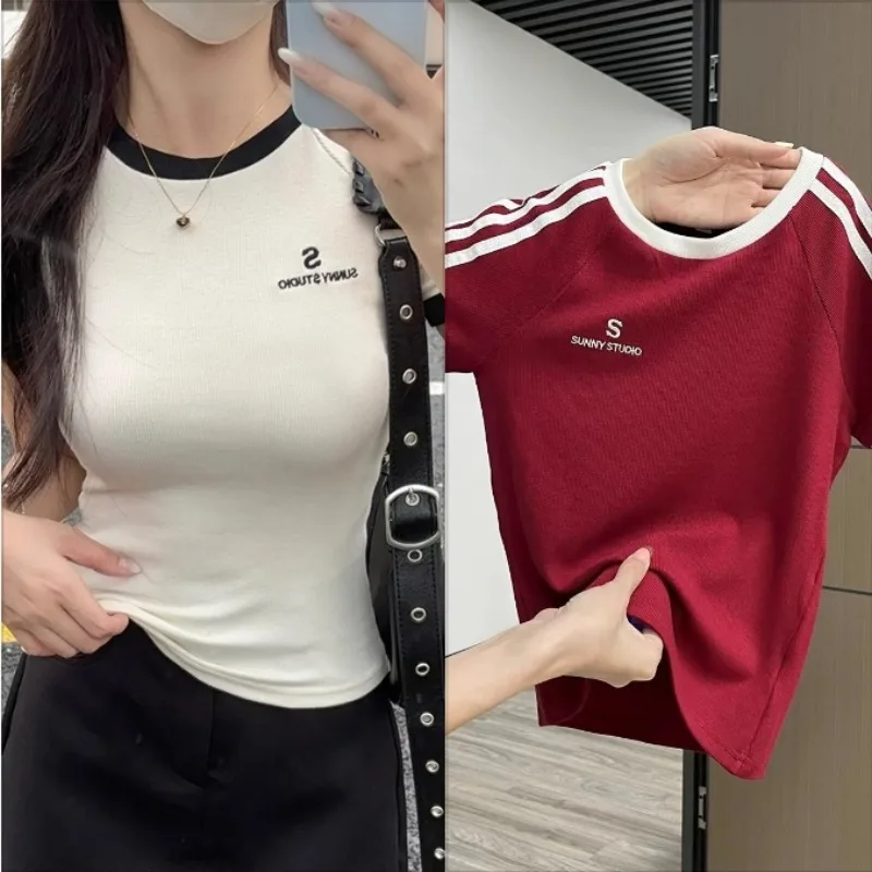 

Color Blocked T-shirt Women Summer Short Sleeve Slim Cropped Top Tee