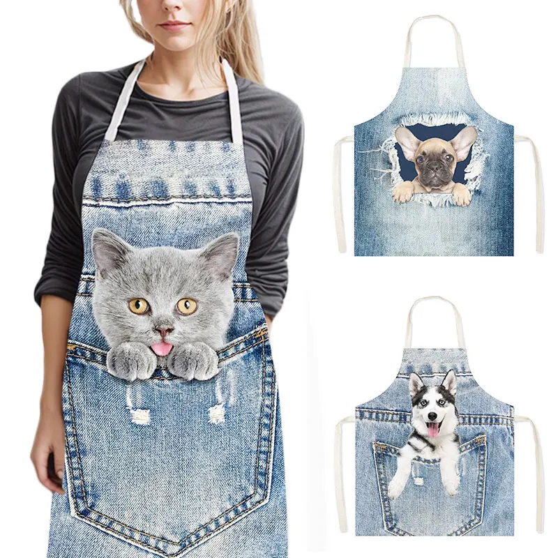 

Funny Cowboy Cat Dog Head Cooking Aprons Kitten Puppy Women Pinafore Household Cleaning Clothing Chef Waiter Kitchen Aprons