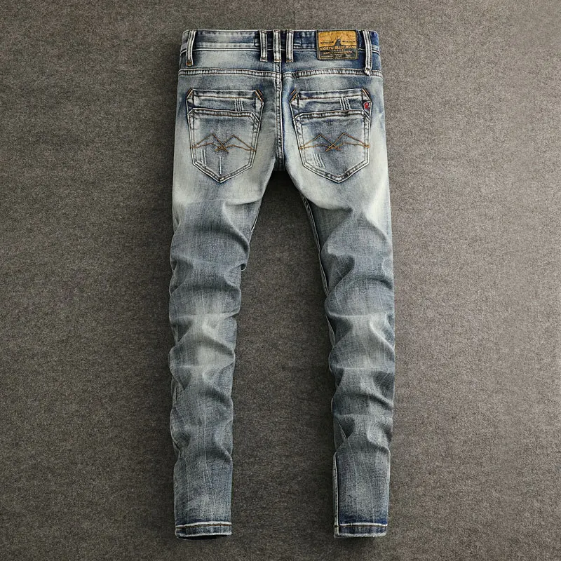 Jeans vintage rasgado masculino, de alta qualidade, retrô, lavado, azul, elástico, slim fit, jeans designer, estilo italiano, moda