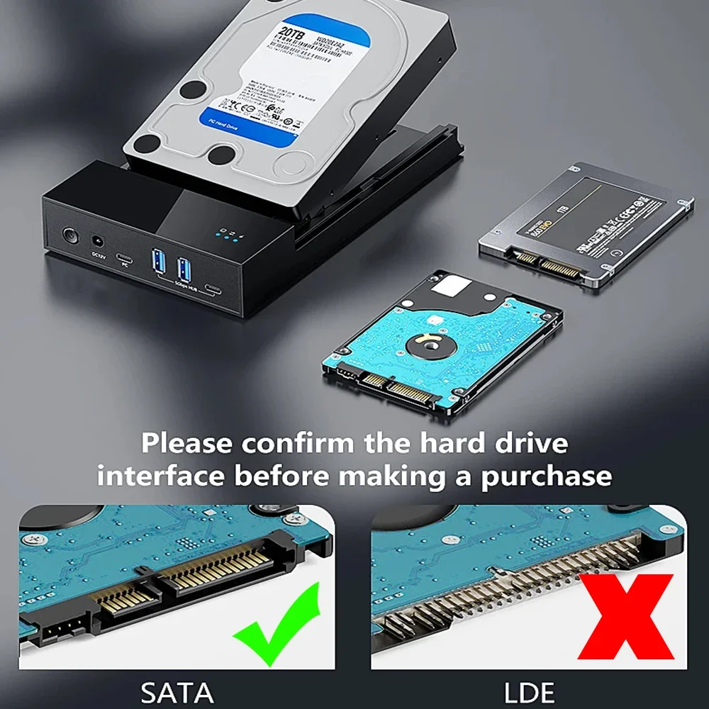 USB 3.0 20TB SATA Enclosure Hard Drive Docking Station USB Ports External Hard Drive Box for 3.5 2.5 Inch SATA SSD HDD Case