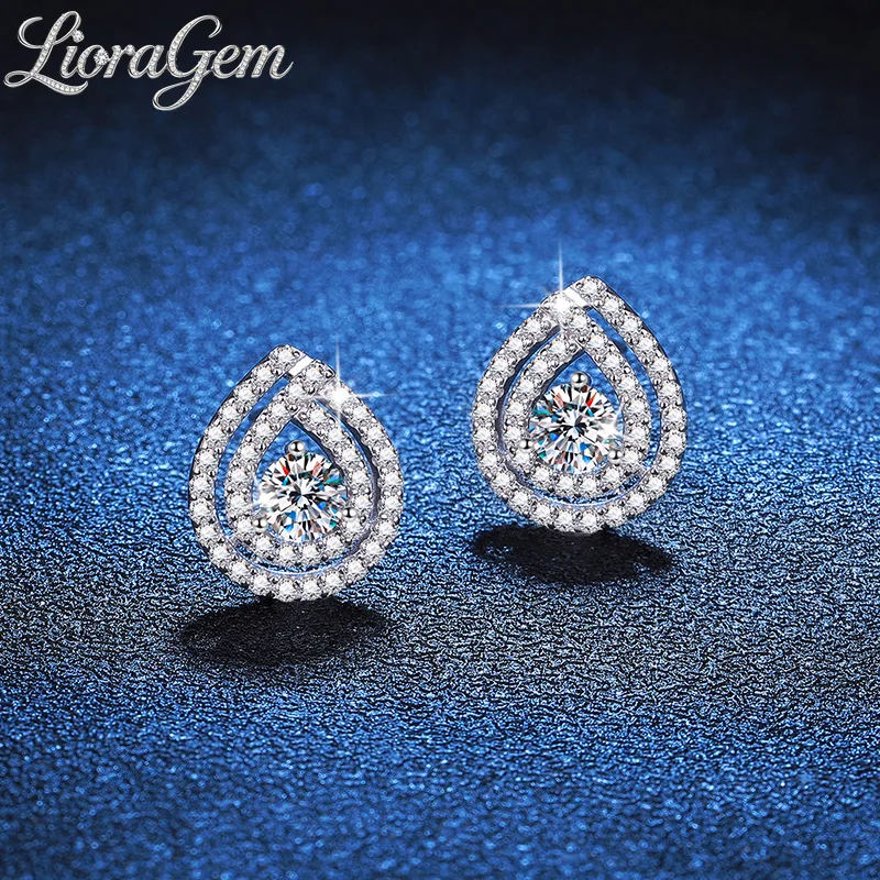 

LioraGem Pear-shaped Double-Circle Diamond-Set Stud Earrings for Women, Luxury Moissanite Teardrop Studs Platinum PT950 Stamp