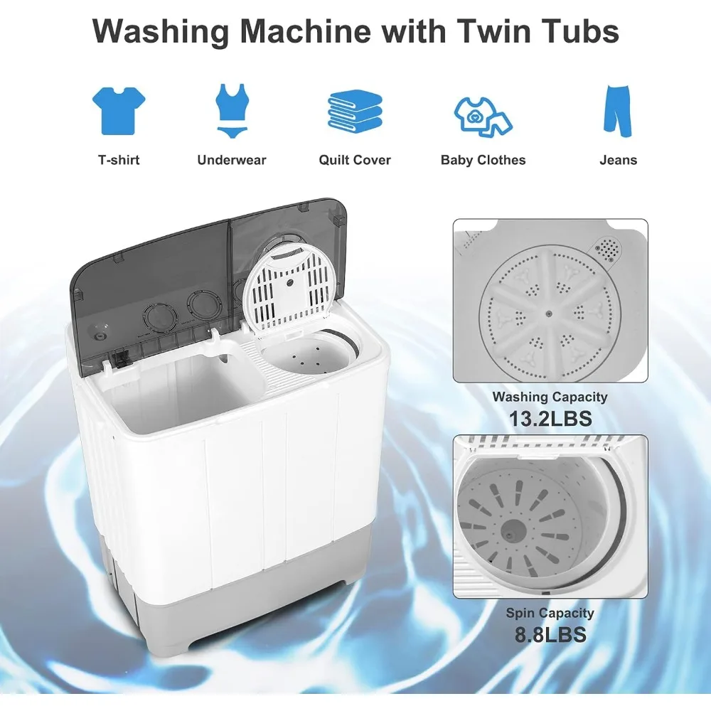 Semi-Automatic Washer, Twin Tub Washer 13.2Lbs And Spinner 8.8Lbs, Control Knobs ＆ Built-in Drain Pump, Portable Laundry Washer