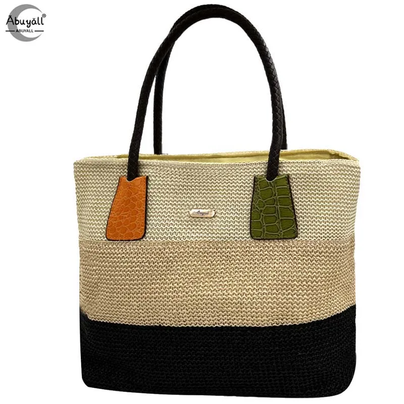 Abuyall Women Striped Straw Purse Shoulder Bag Woven Summer Beach Boho Zipper Casua Tote Handbag Wedding Evening Large Pouch