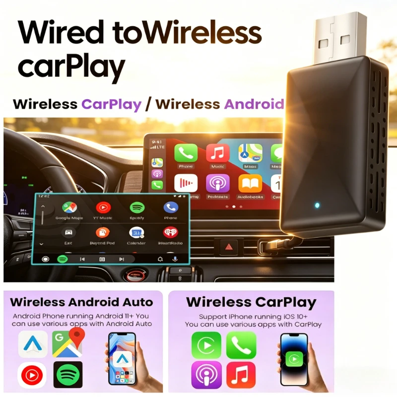 2026 NEW 2 in 1 Wireless CarPlay and Android Auto Adapter Wired to Wireless Converter for Automotive Vehicles