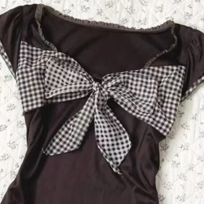 النمط الياباني مخطط البيانو تي شيرت بياقة المرأة Kawaii قصيرة الأكمام بلوزات صغيرة ملابس غير رسمية لطيف الحلو ملابس علوية من القطن 2025 جديد #4